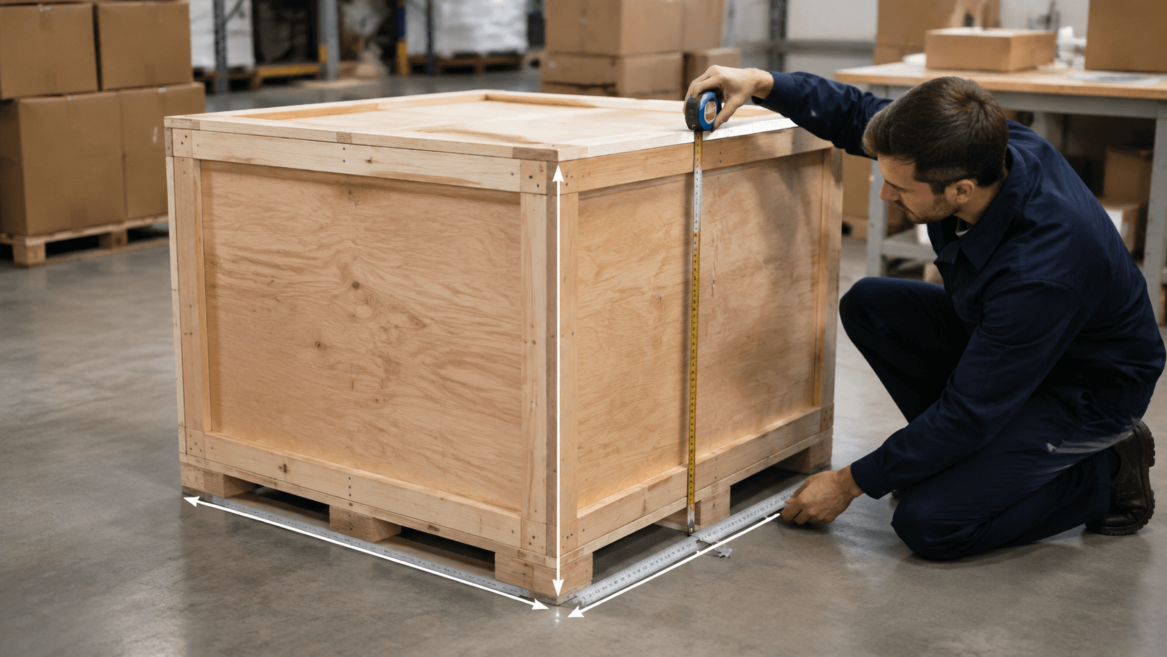 One metre cargo crate being measured to demonstrate a one cubic metre shipment