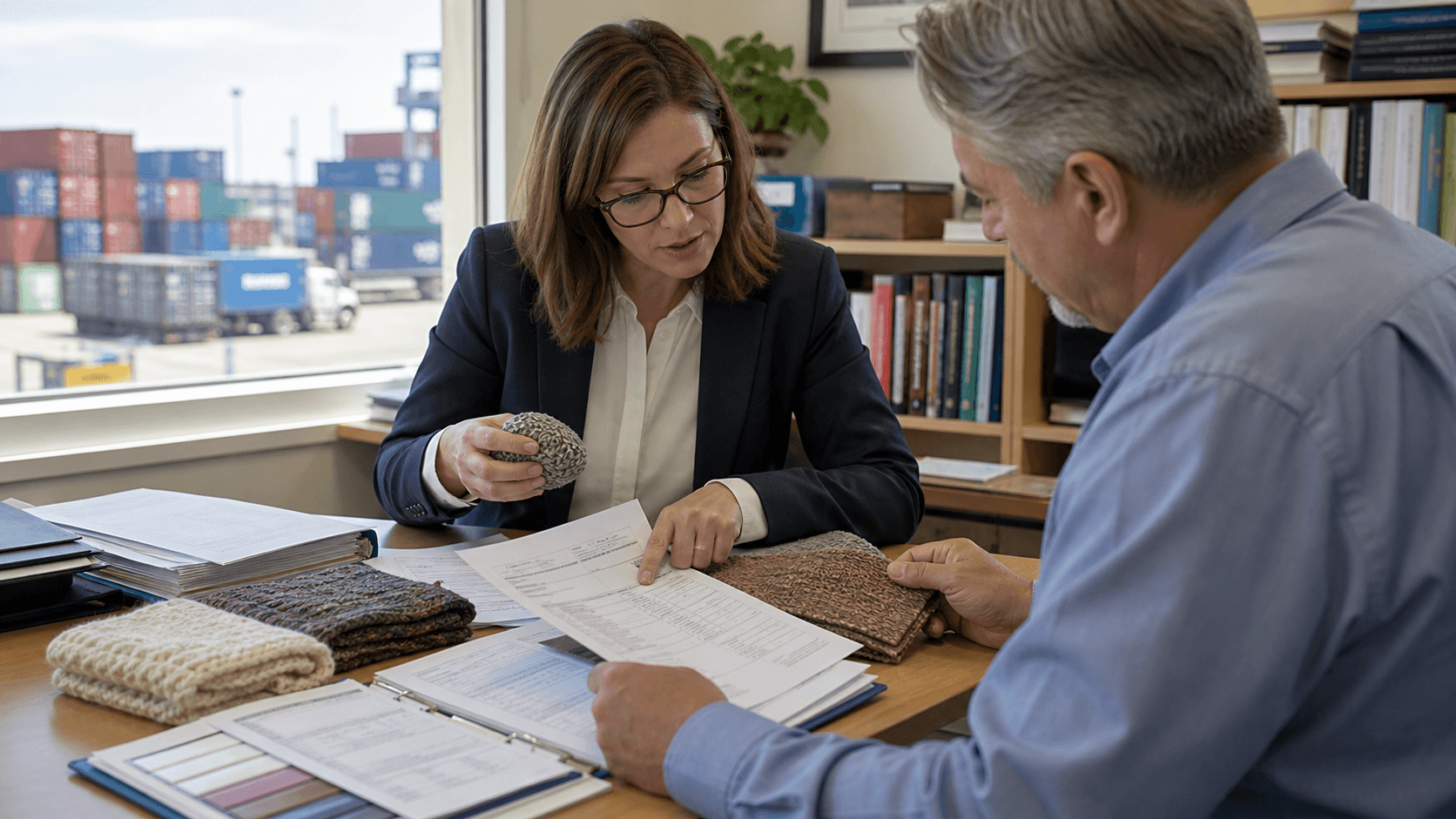 Licensed US customs broker reviewing Nepal cargo entry documents for Los Angeles arrival