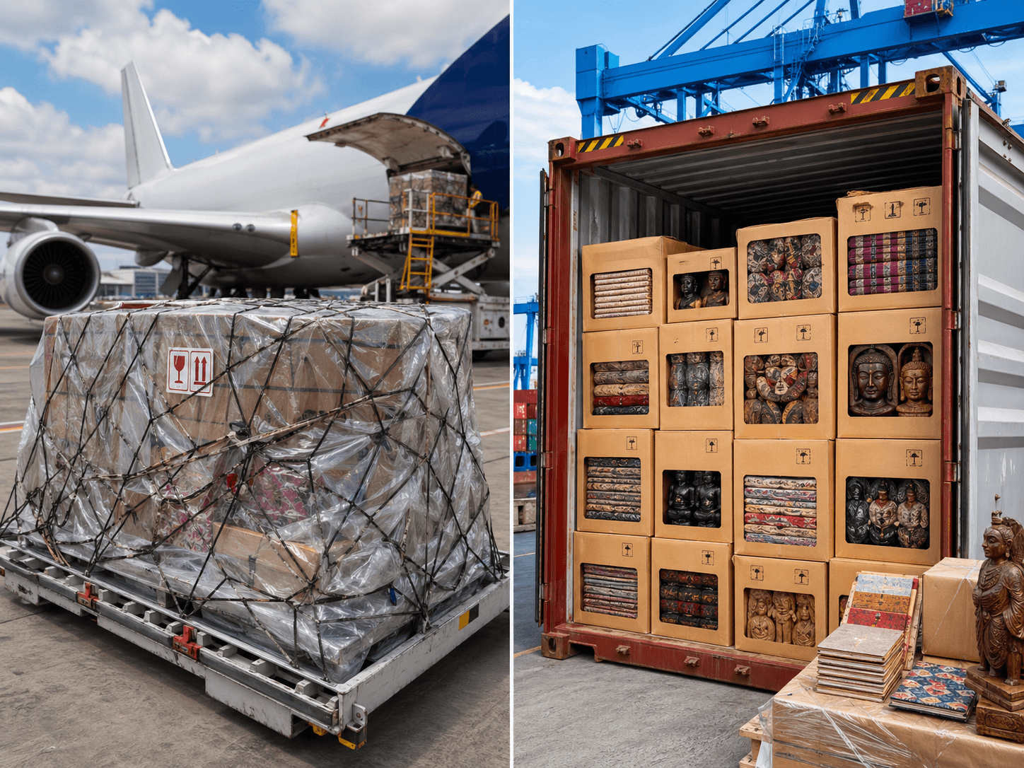 Shipping options for Nepali handicrafts include air and sea freight.