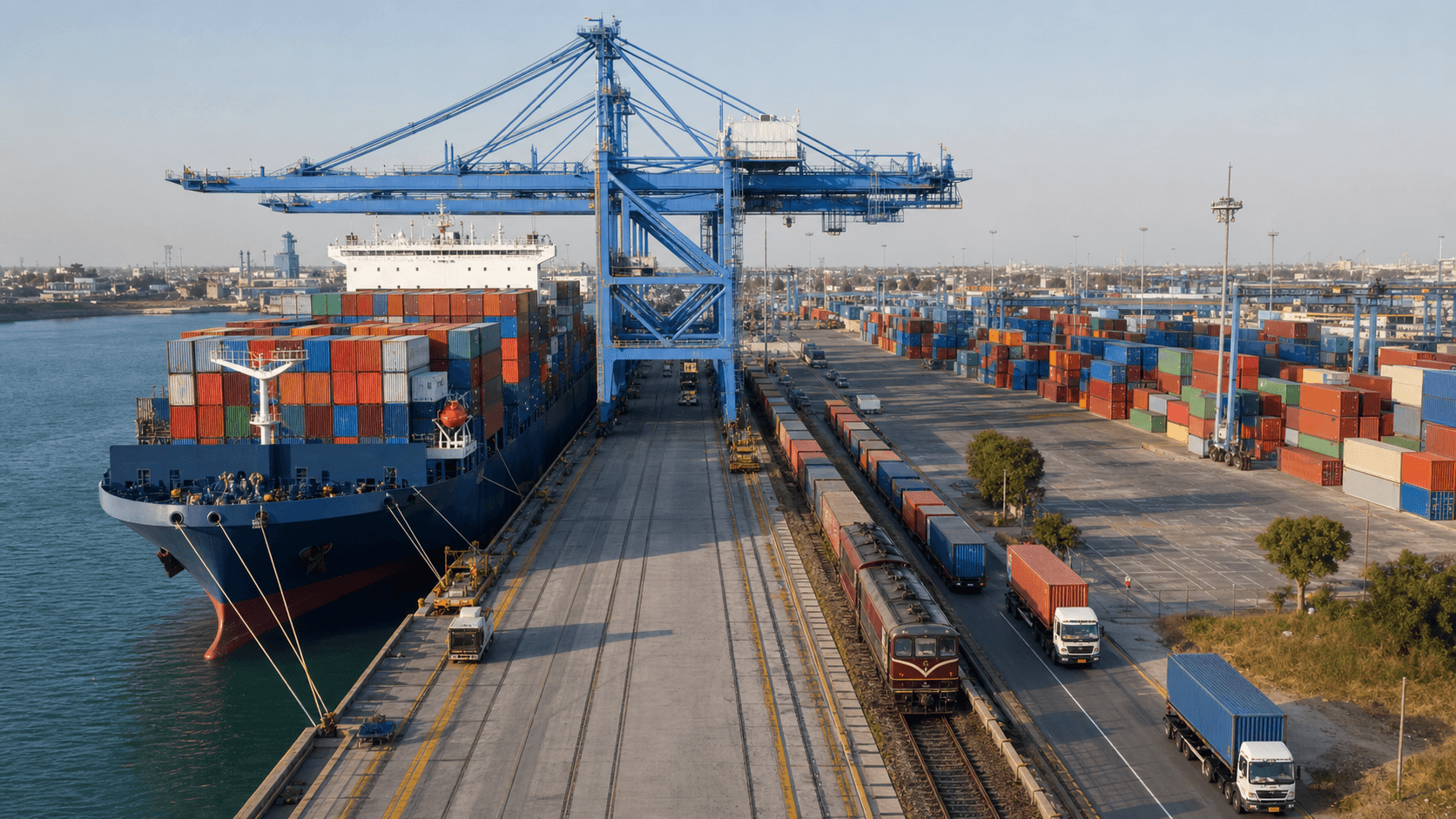 Shipping containers transferring from an Indian transit port toward inland transport to Nepal