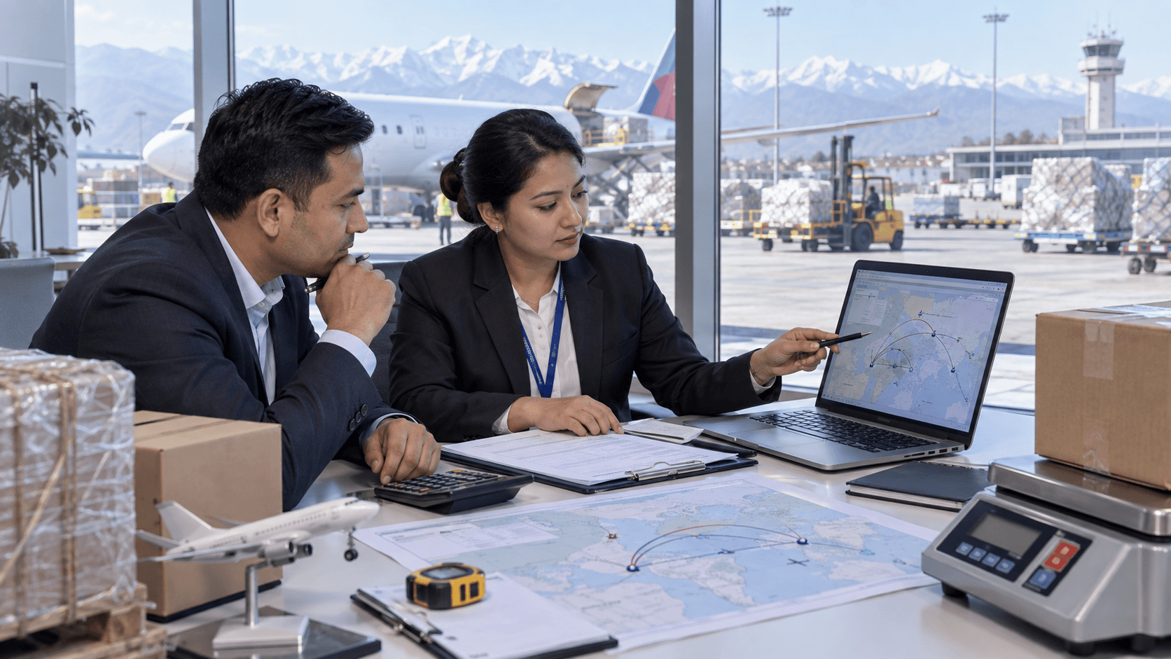 Nepal importer and air freight adviser reviewing route dimensions scale and quotation details