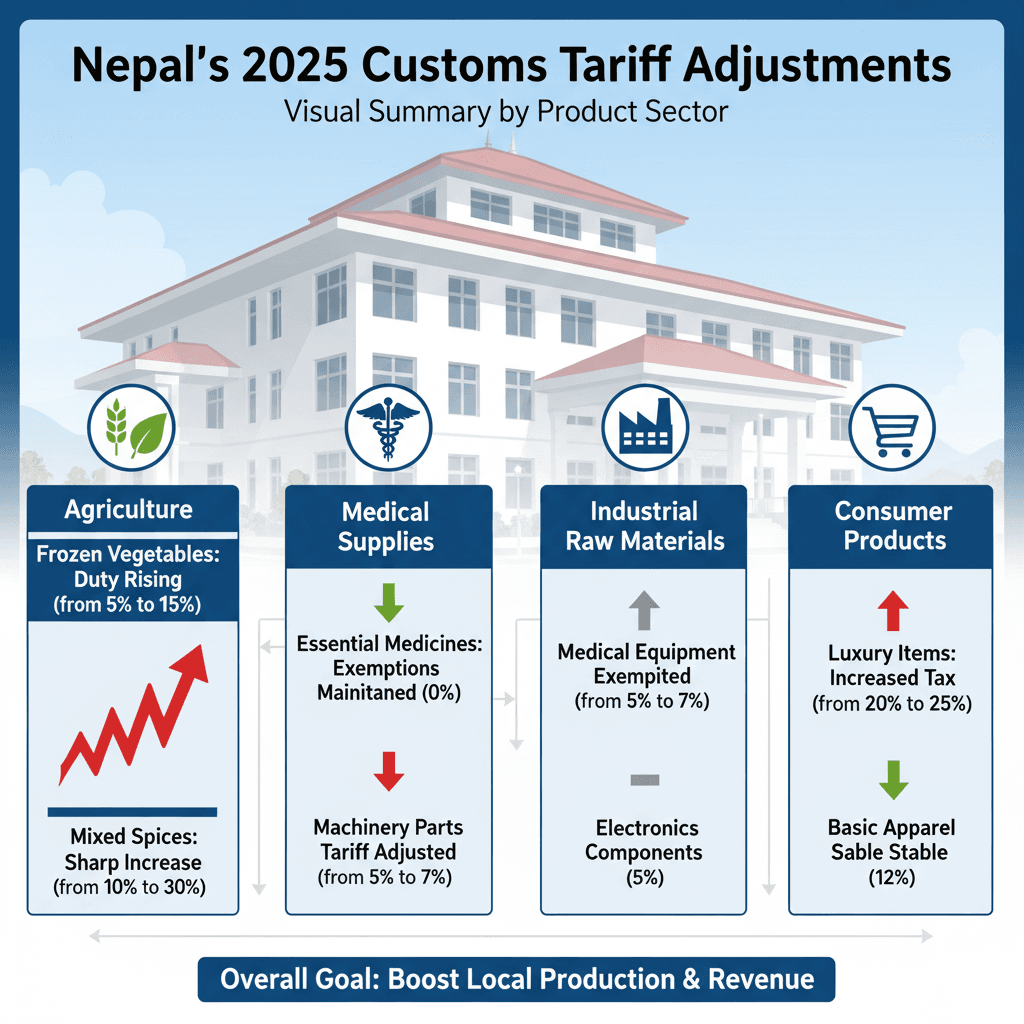 Visual summary of Nepal’s 2025 customs tariff changes by product sector.