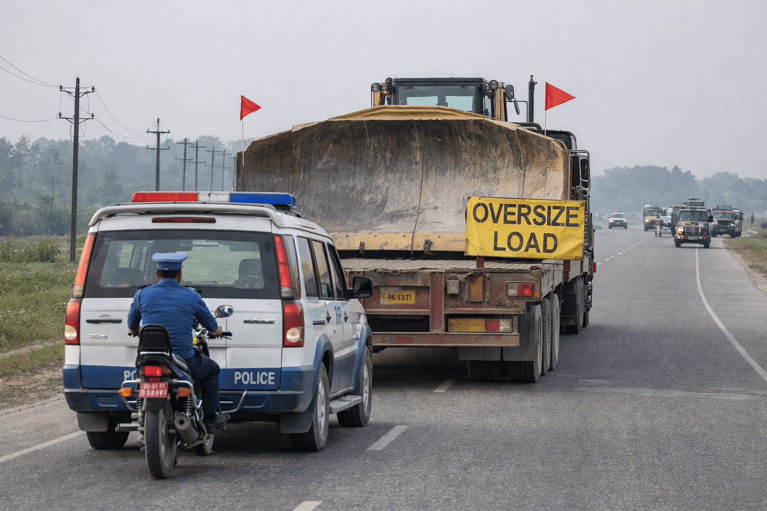 OD cargo convoy with wide bulldozer in Nepal.