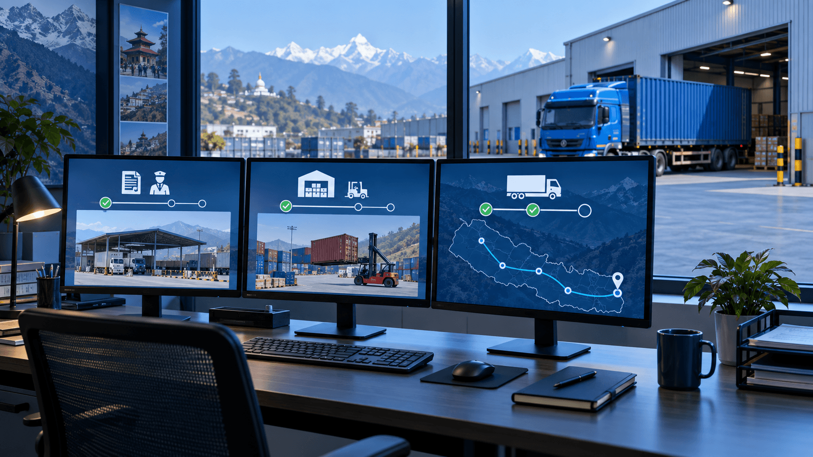 Logistics dashboard coordinating customs release, gate-out and Birgunj to Kathmandu truck tracking