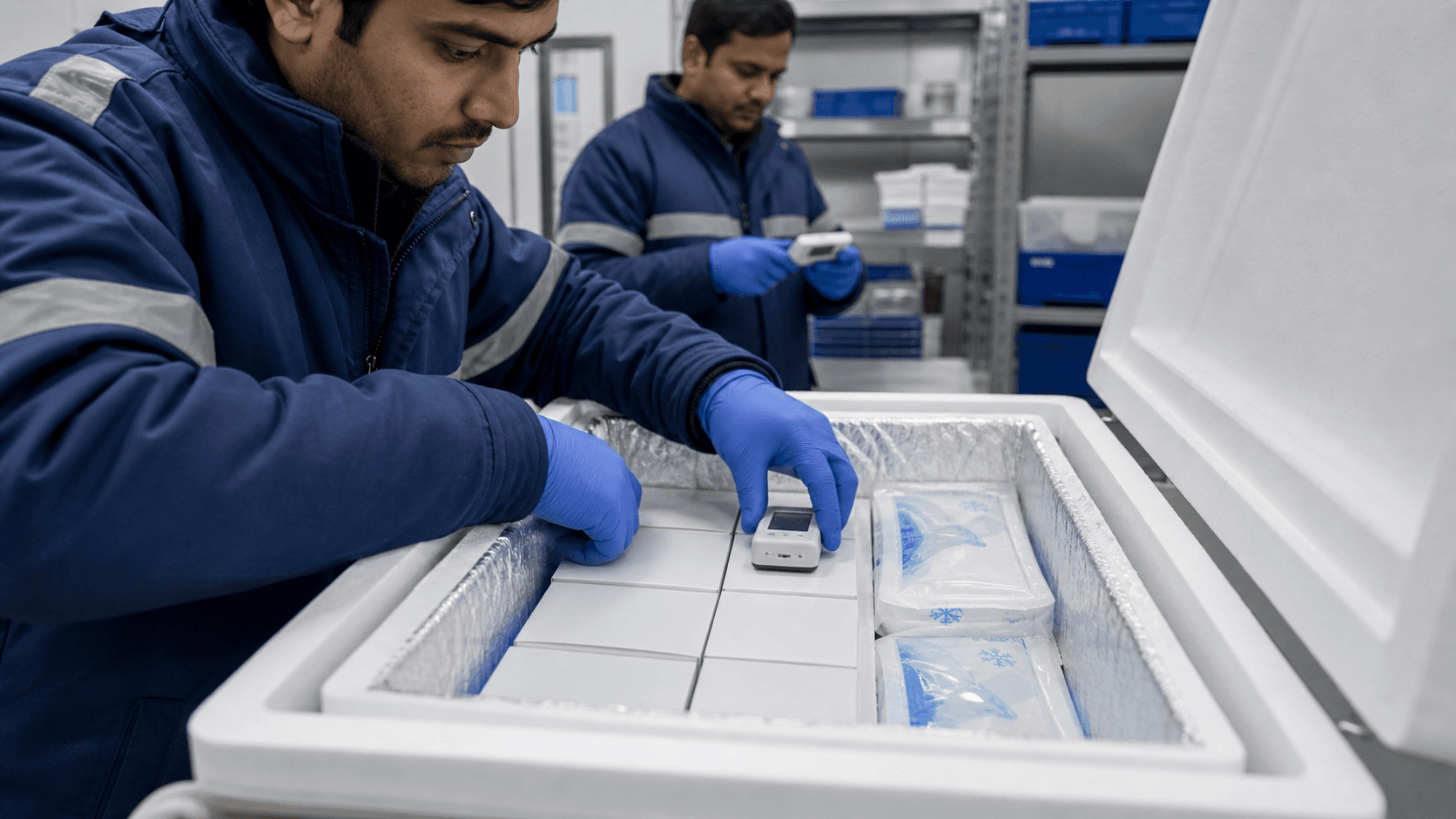 Healthcare cold-chain technician placing a calibrated data logger inside an insulated medical shipment