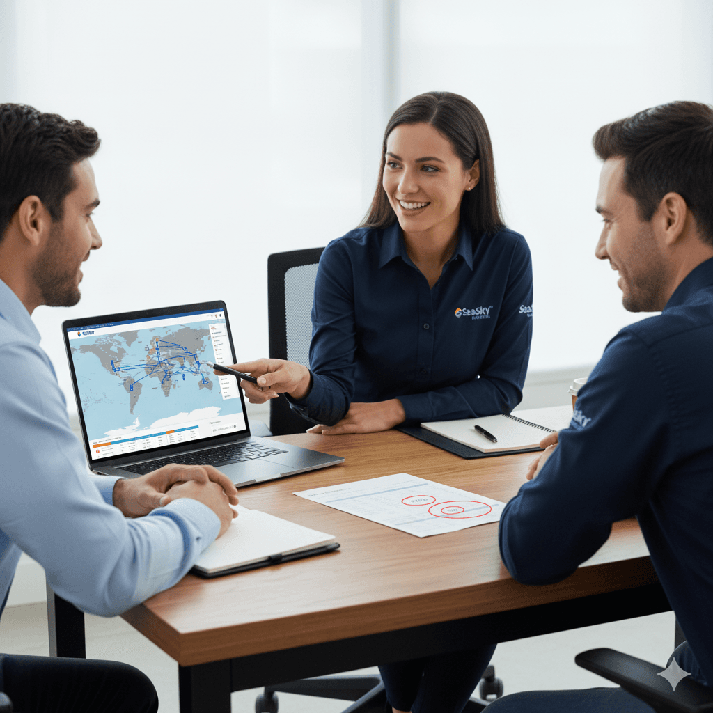 Freight forwarder and exporter planning a shipment together with realistic timelines.