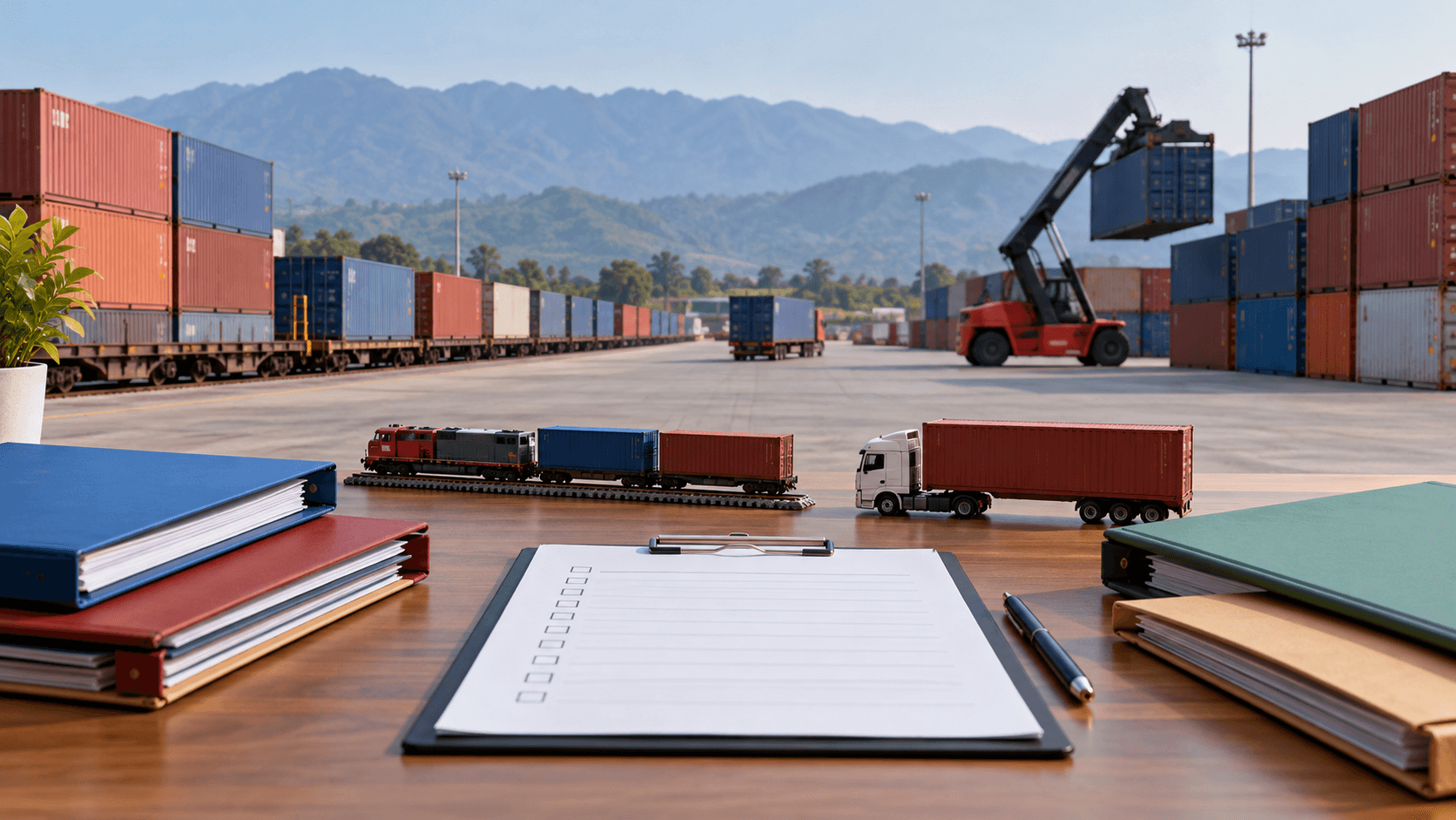 Coordinated shipment folders and a blank milestone checklist at a container logistics office