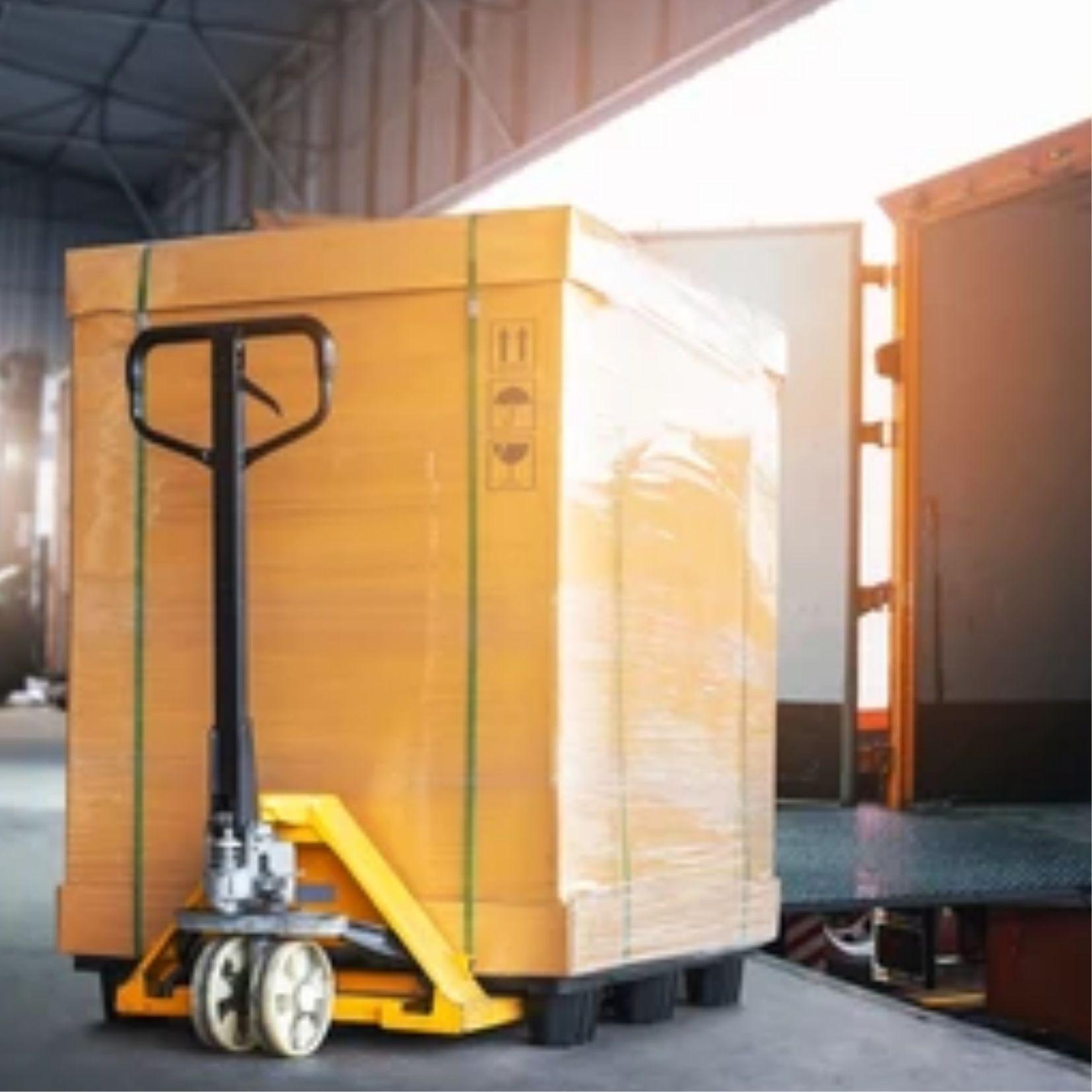 Machinery and electronics loaded onto shipping pallets