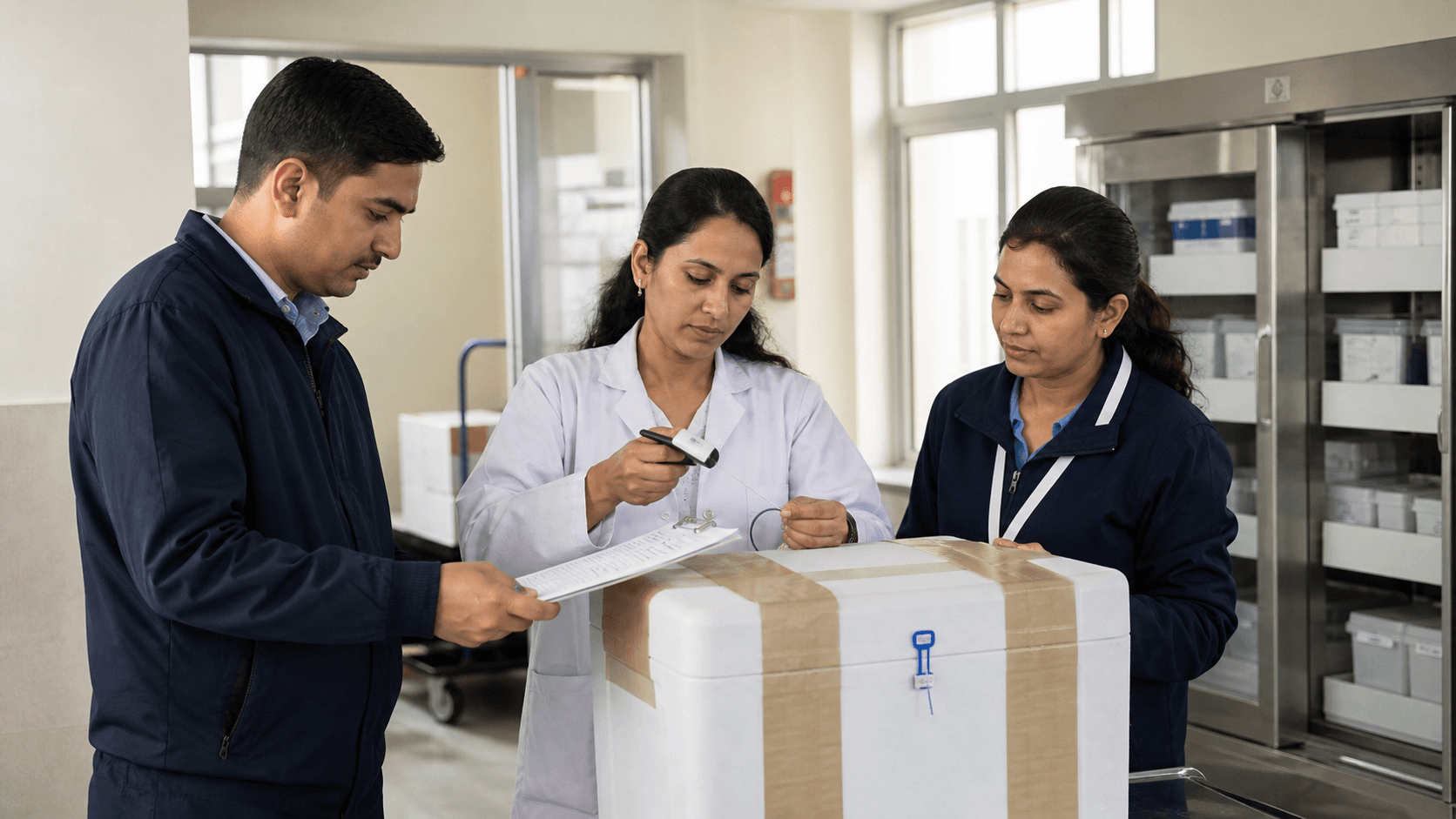 Hospital team receiving documented medical cargo after customs clearance and final delivery in Nepal