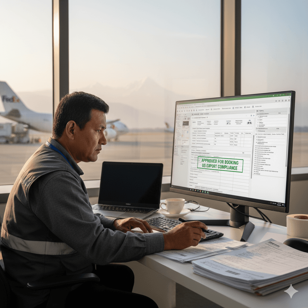 Shipment documents being reviewed before booking freight.