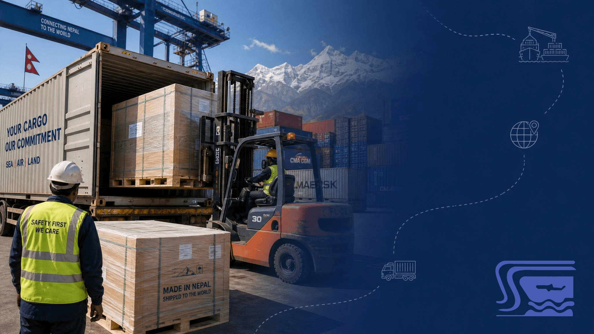 Machinery and packaged cargo being loaded for a dedicated full container shipment.