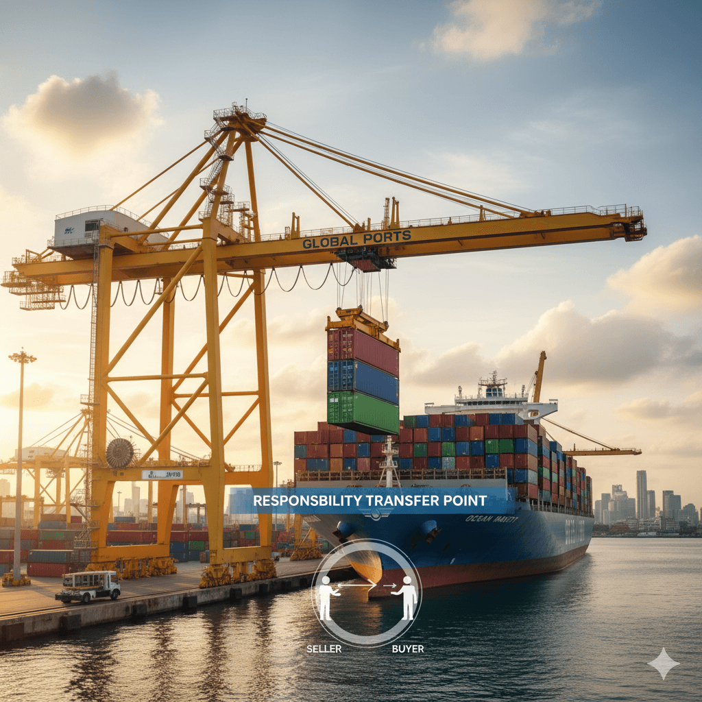 Sea freight cargo being loaded on a vessel under FOB trade terms.