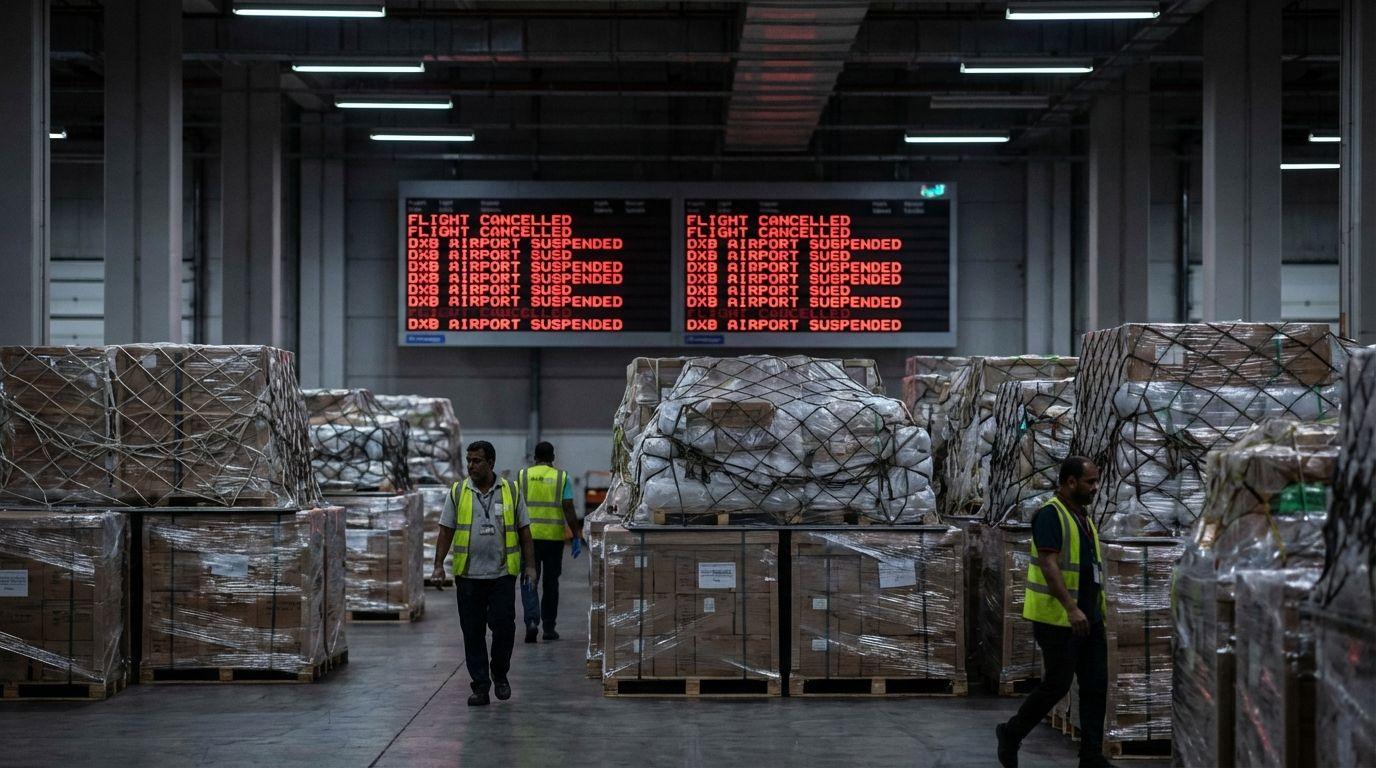 Airfreight pallets waiting in a closed hub during Dubai airport suspension.