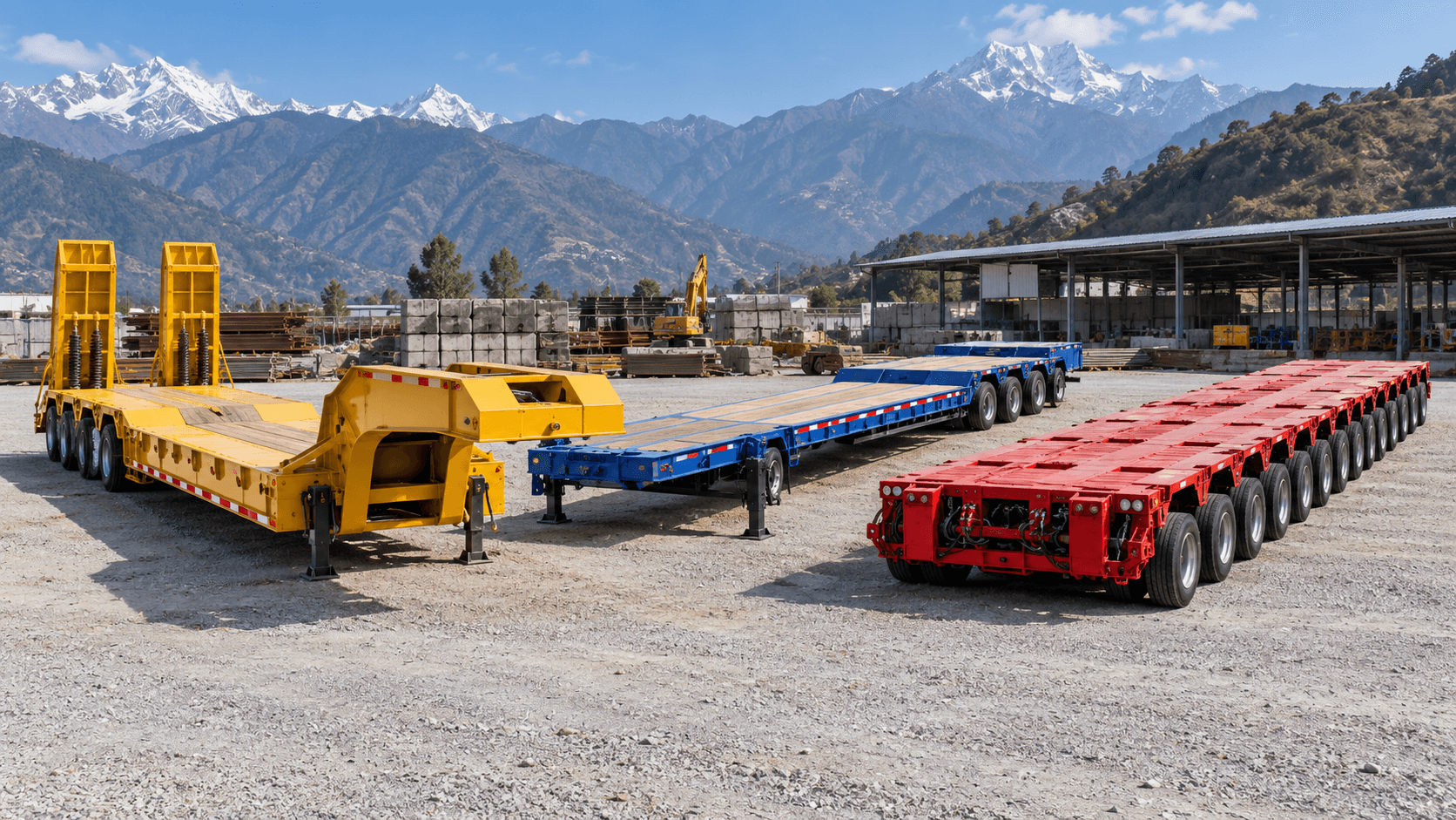 Low-bed extendable and multi-axle trailers used for heavy equipment transport in Nepal