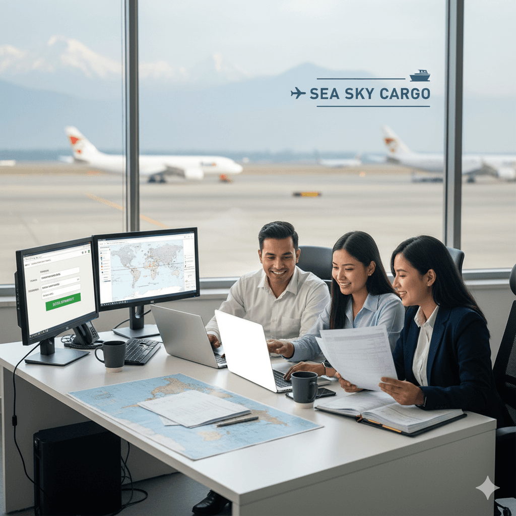 Friendly logistics experts booking international freight at their office.