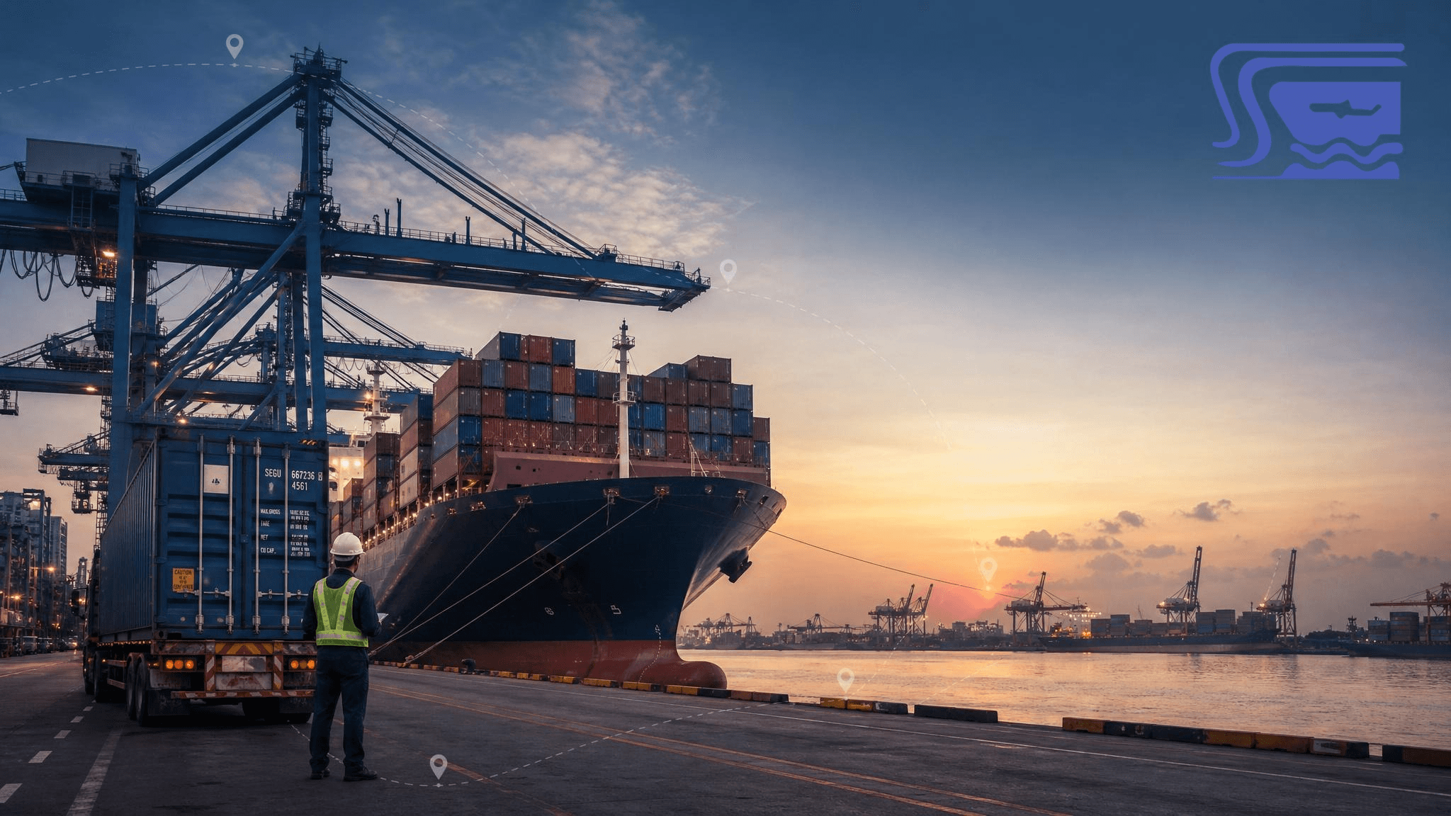 full container load moving through a major port with cranes