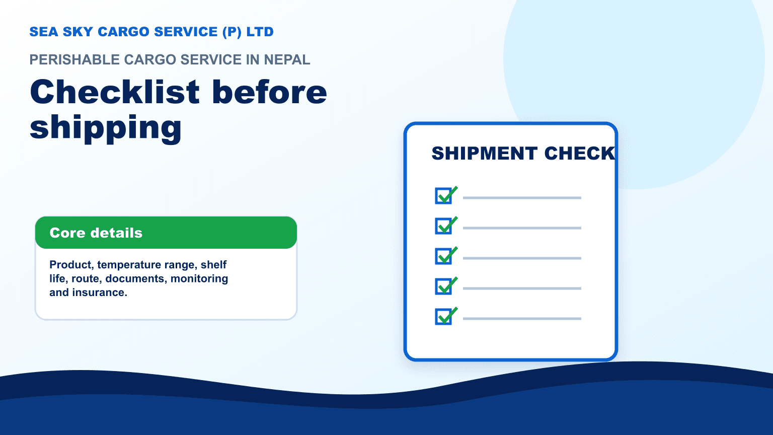 Perishable cargo checklist with temperature range packaging route documents customs and delivery details