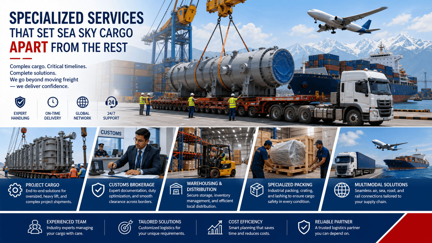 Specialized cargo services poster for project cargo, dangerous goods, cold chain, IOR, and humanitarian logistics in South Asia