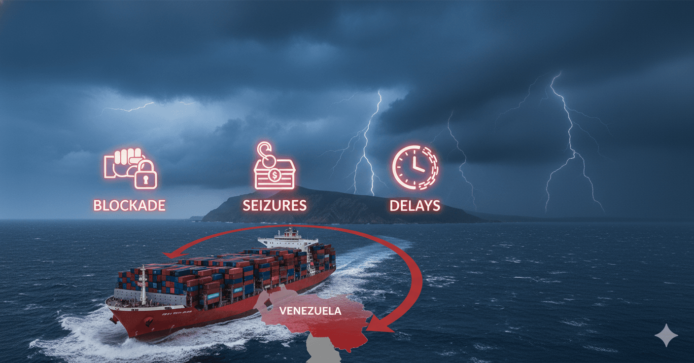 Cargo ship avoiding Venezuela unrest zone with Sea Sky Cargo insurance protection.