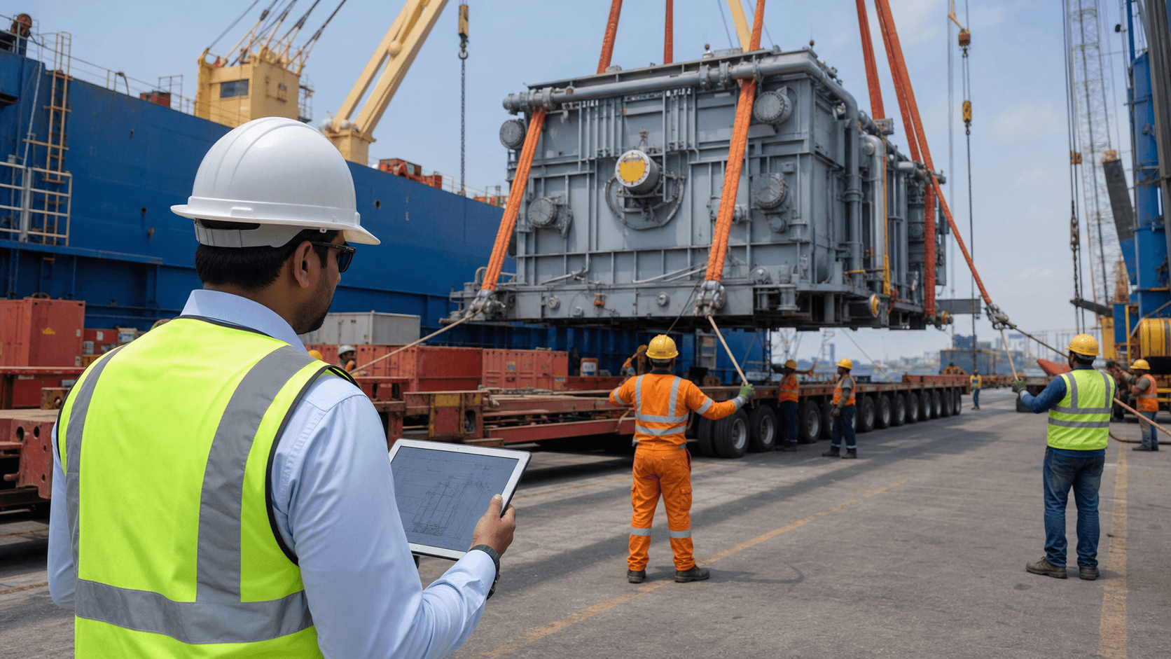 Breakbulk freight forwarder supervising lifting and port handling for oversized machinery