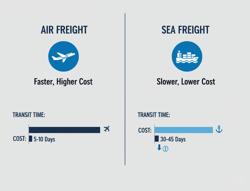 Visual comparison of air and sea transit time and cost for shipping to Australia.