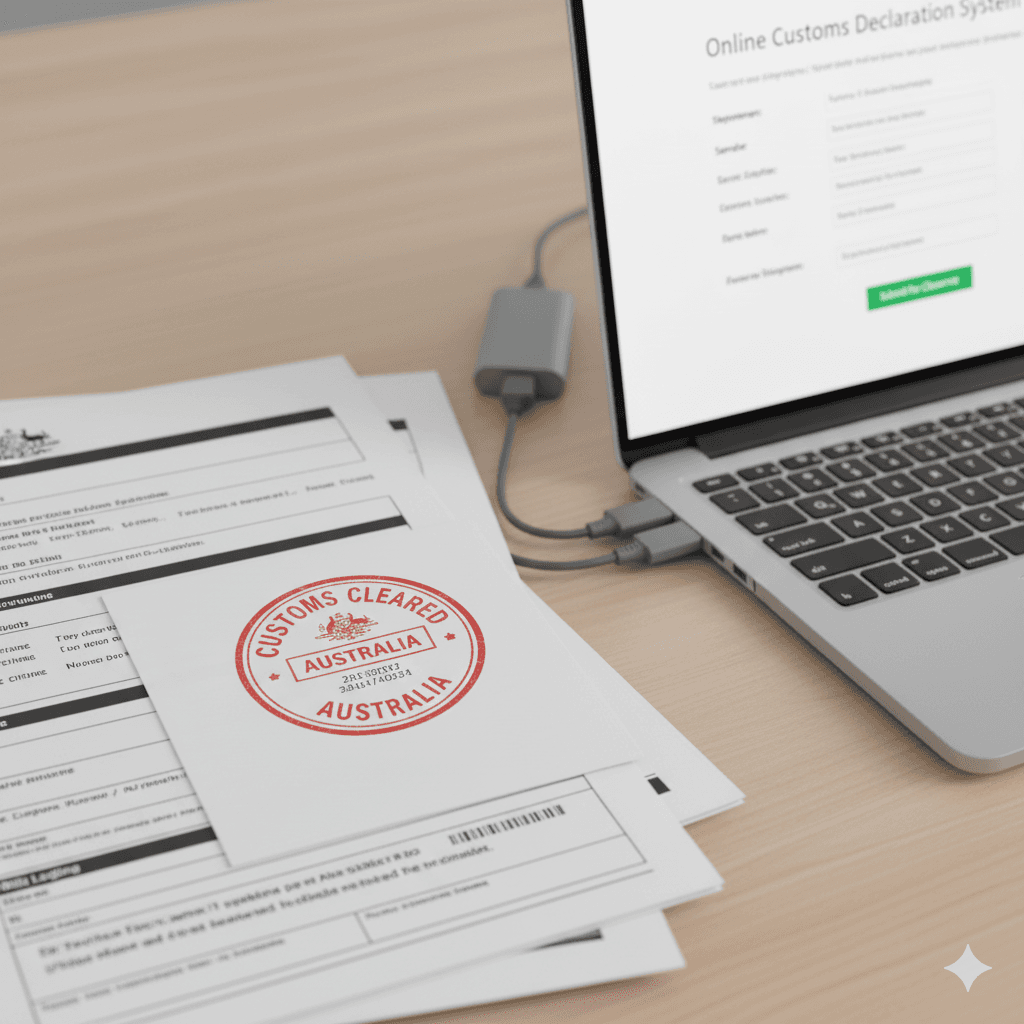 Export and import documents prepared for Australian customs clearance.