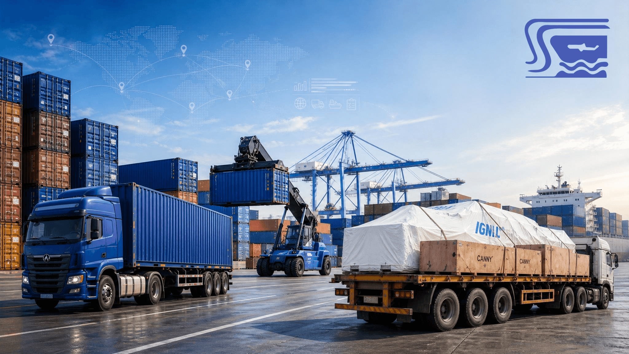 A commercial freight terminal showing containers, trucks, and industrial cargo movement for business logistics.