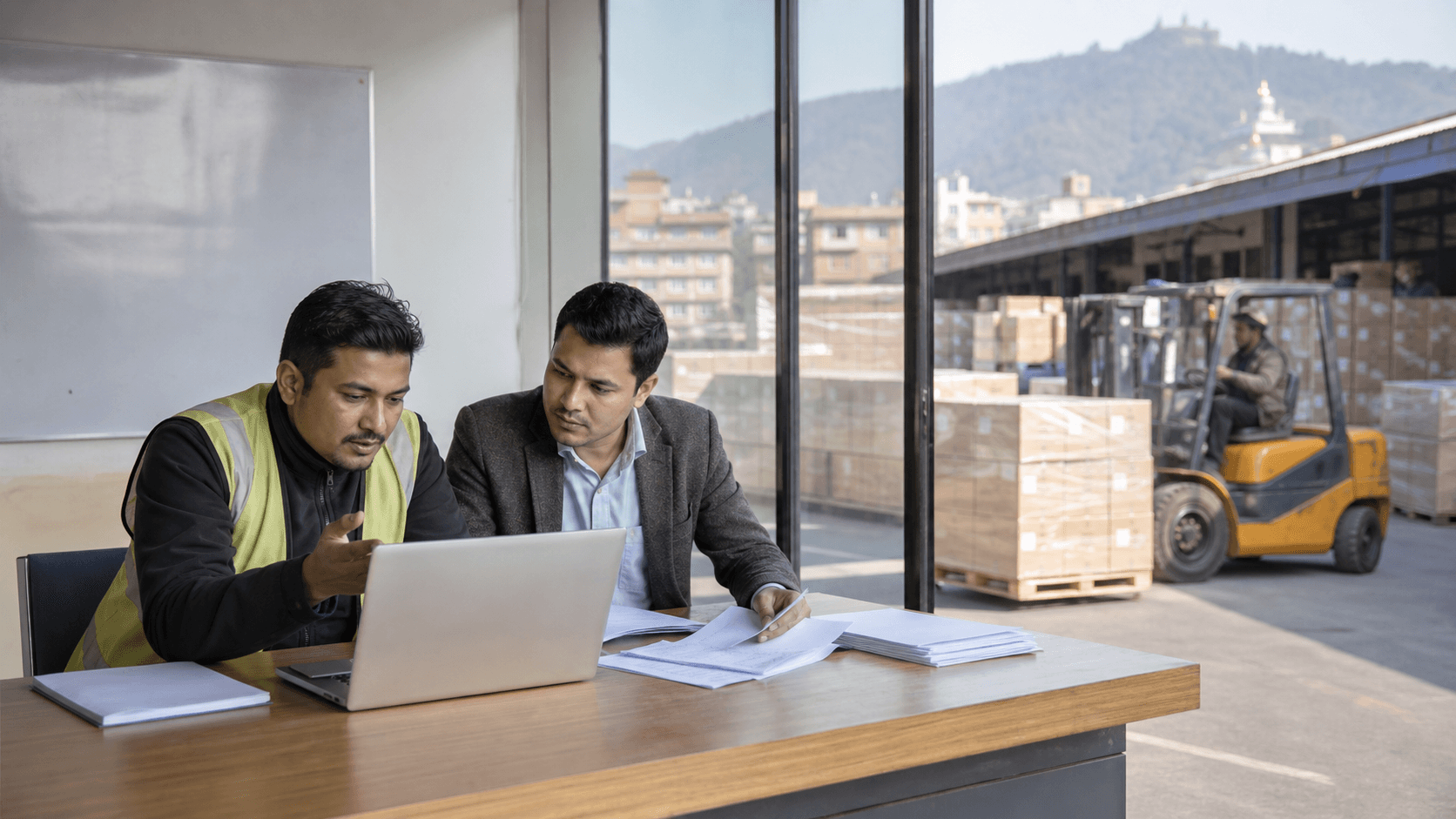 Nepal logistics coordinator and business client reviewing a commercial shipment beside a warehouse