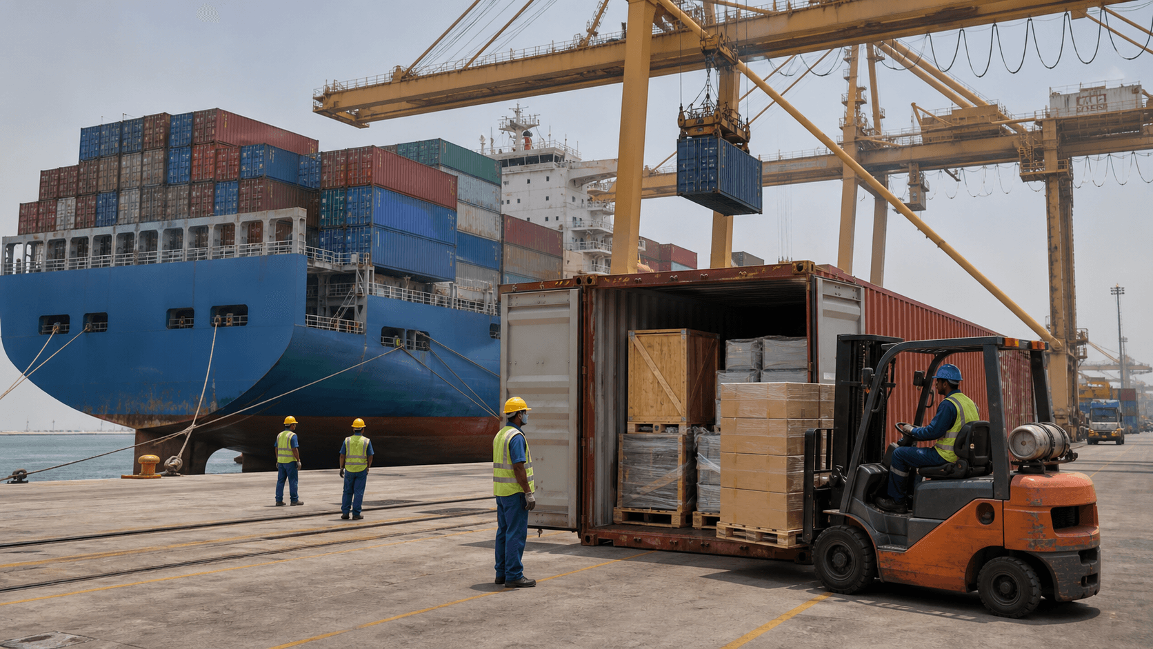 Crated machinery and palletized stock being loaded into a container beside a Dubai cargo ship