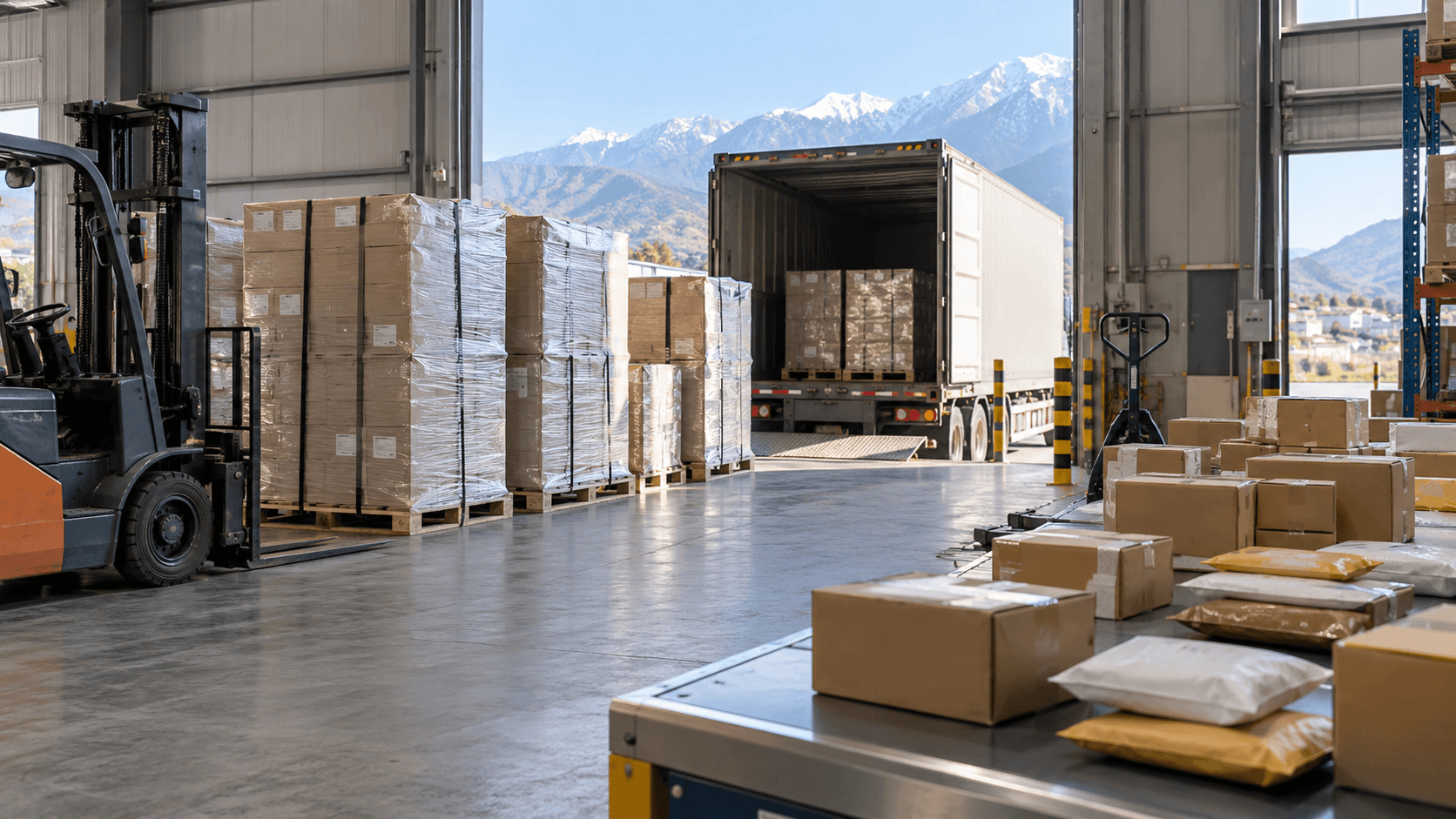 Palletized business cargo and smaller customer parcels at separate warehouse dispatch areas