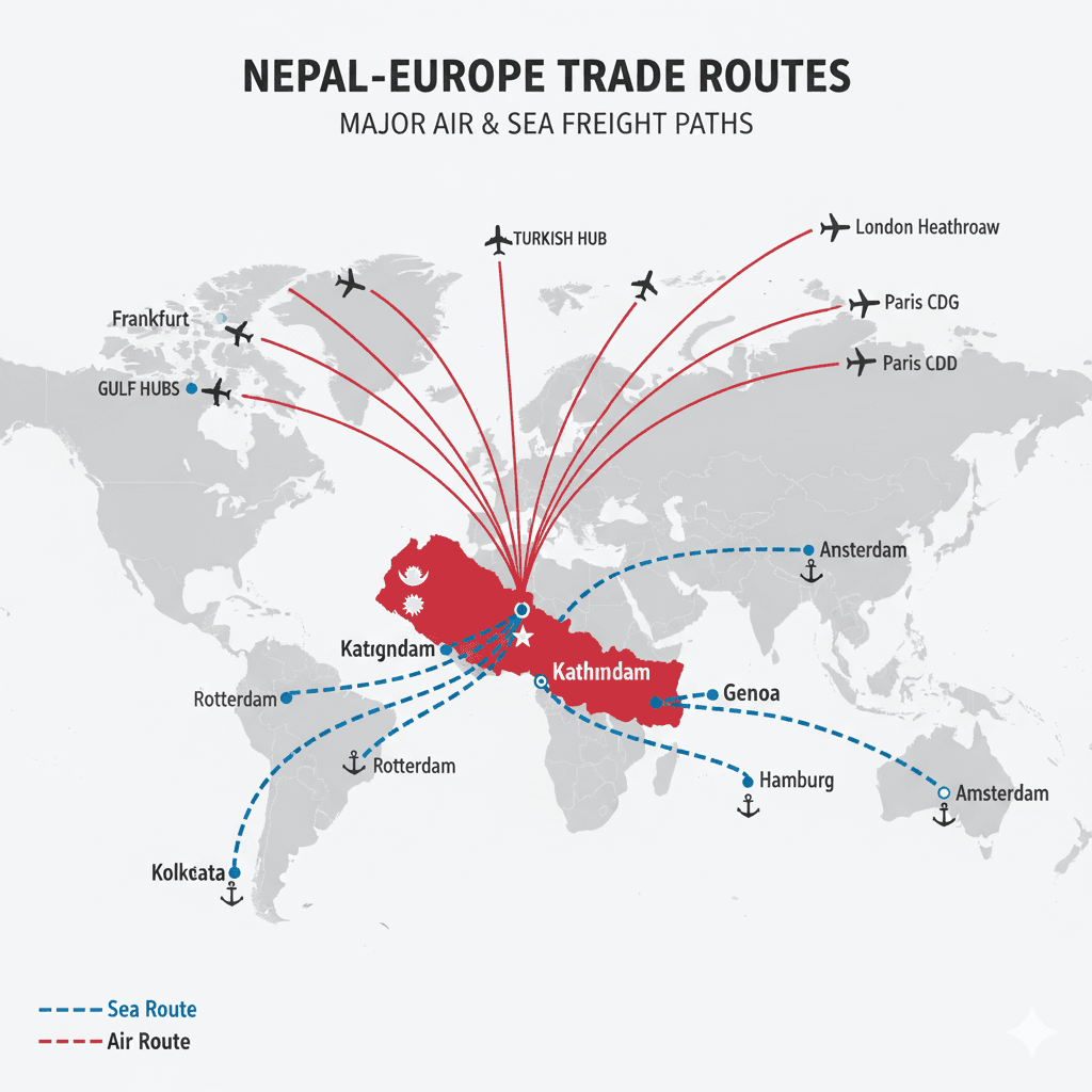 Map showing typical air and sea routes from Nepal to major European destinations.