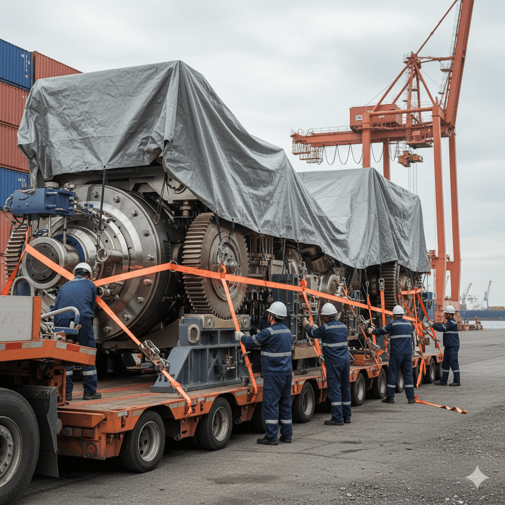 Team lashing and protecting oversized equipment for international transport.