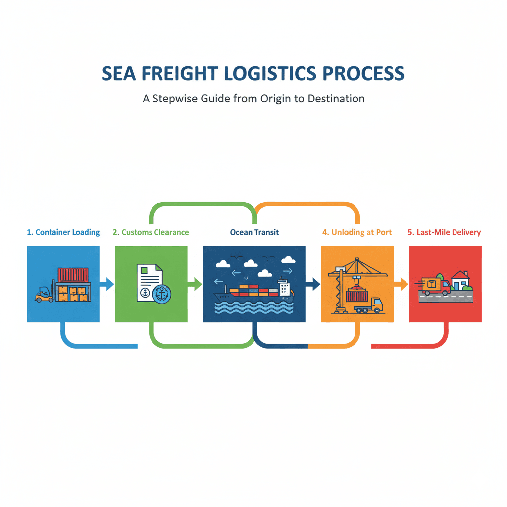 Visual flowchart of how international sea freight moves cargo from origin to destination.