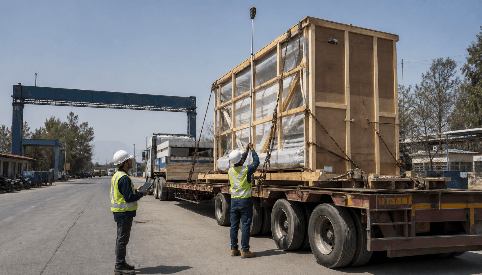 Heavy cargo team measuring total loaded height on a high bed trailer
