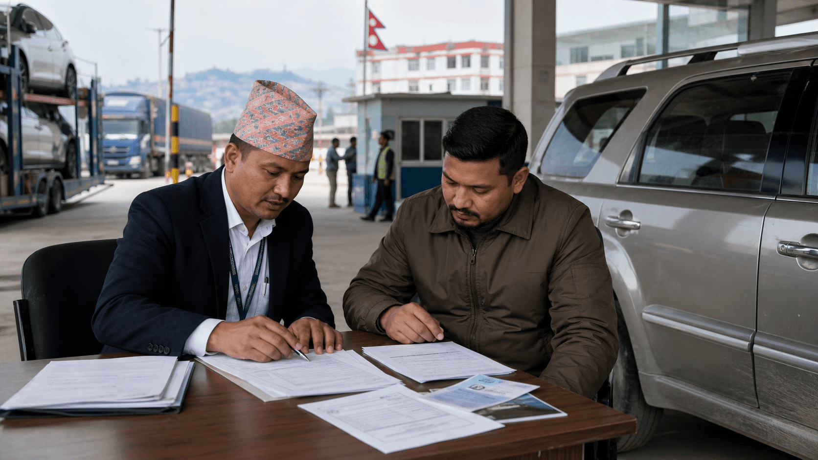 Nepal customs broker and importer reviewing RoRo vehicle shipping documents