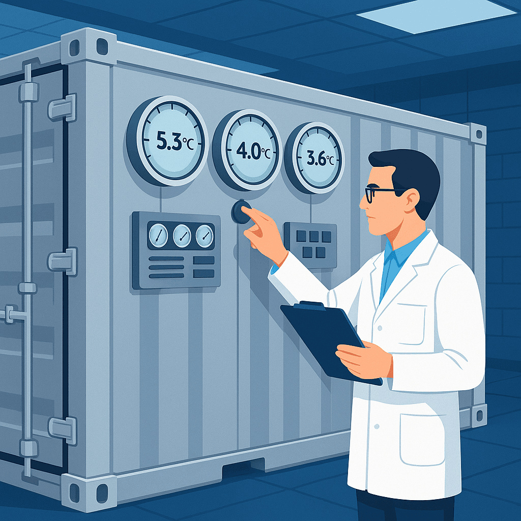 Pharmacist checking temperature gauges on a large, high-tech shipping container