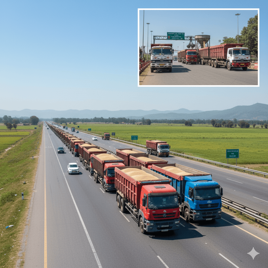 Bulk cargo trucks on an Indian highway and trans‑shipment to Nepal and Bhutan vehicles at the border.