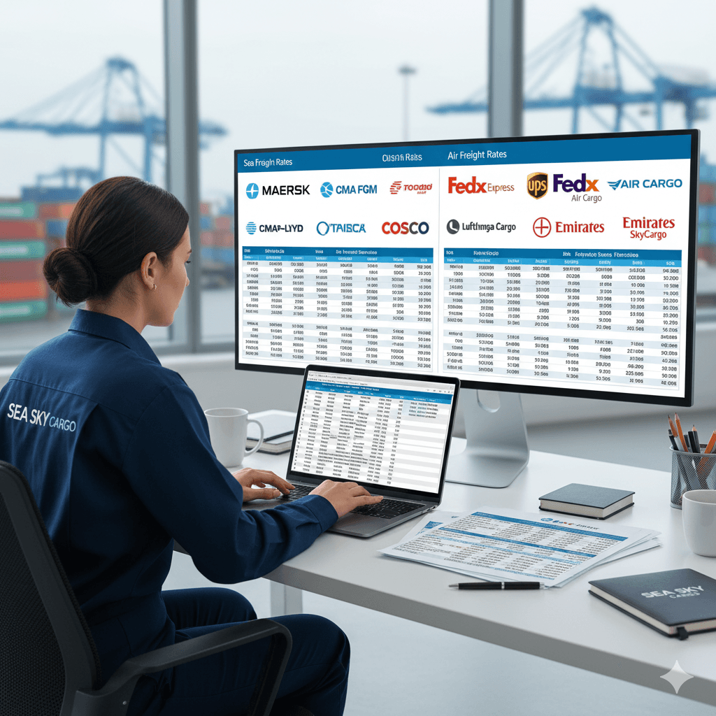 Sea Sky coordinator comparing air and sea freight rates from multiple carriers on a laptop.