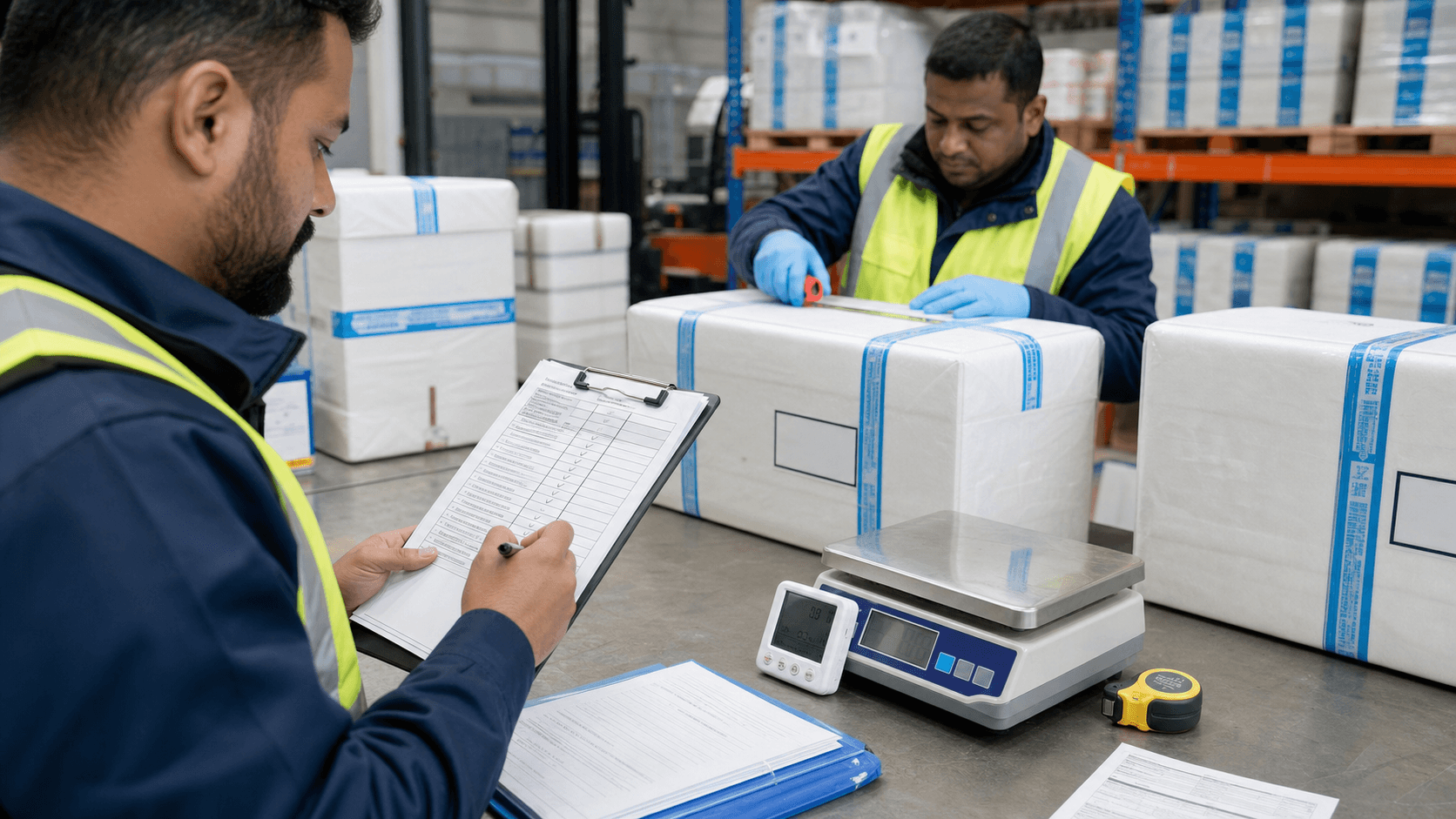 Logistics coordinator completing a cold-chain pre-shipment checklist beside sealed insulated cartons
