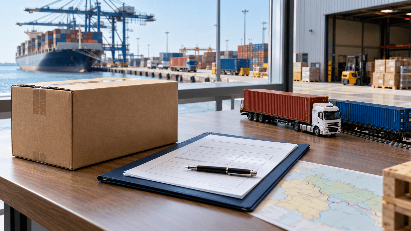 Illustrative transit paperwork beside a parcel and model rail and road cargo vehicles