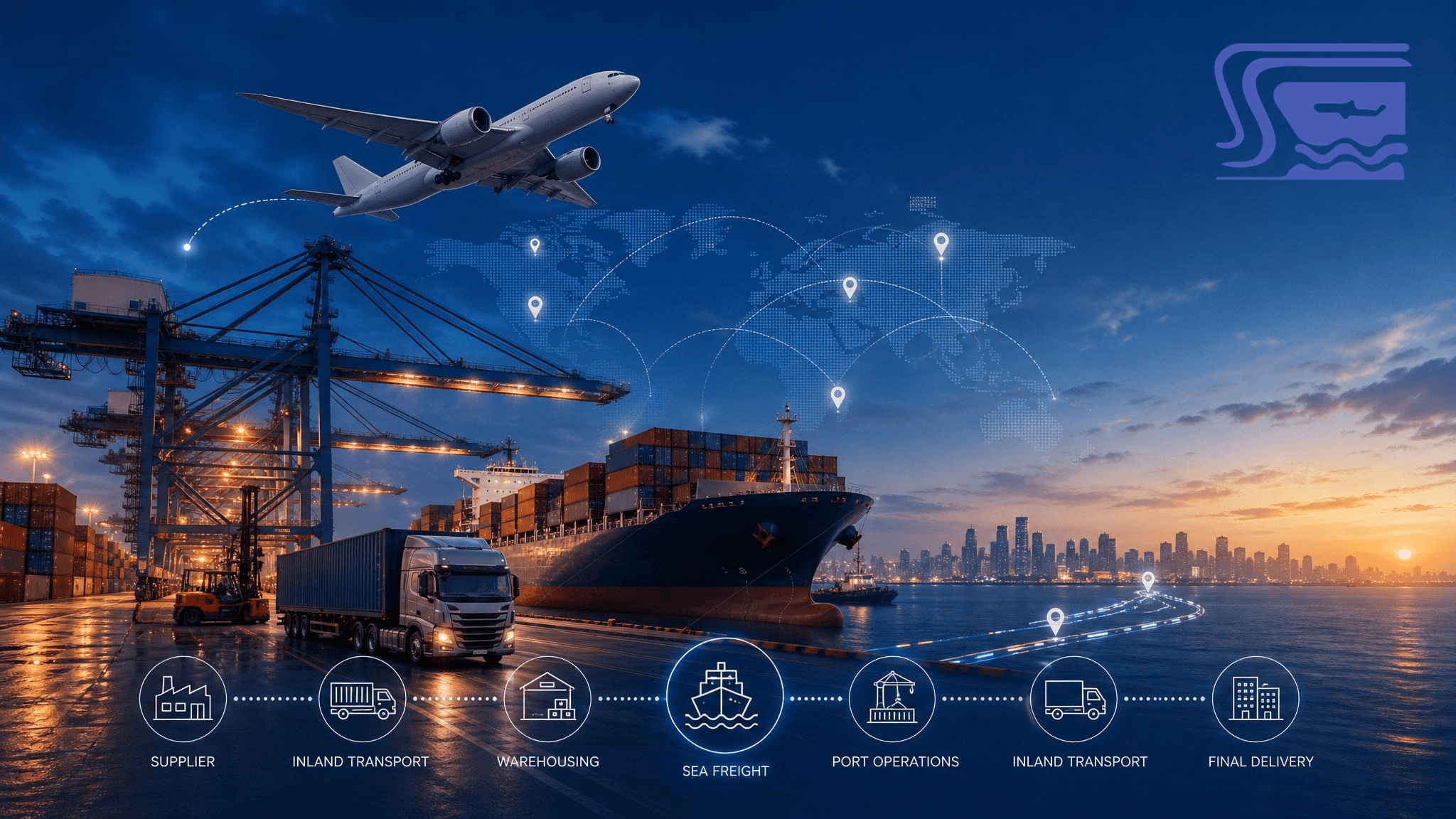 A cargo plane and freight network illustration showing how sea freight fits into a wider global logistics chain.