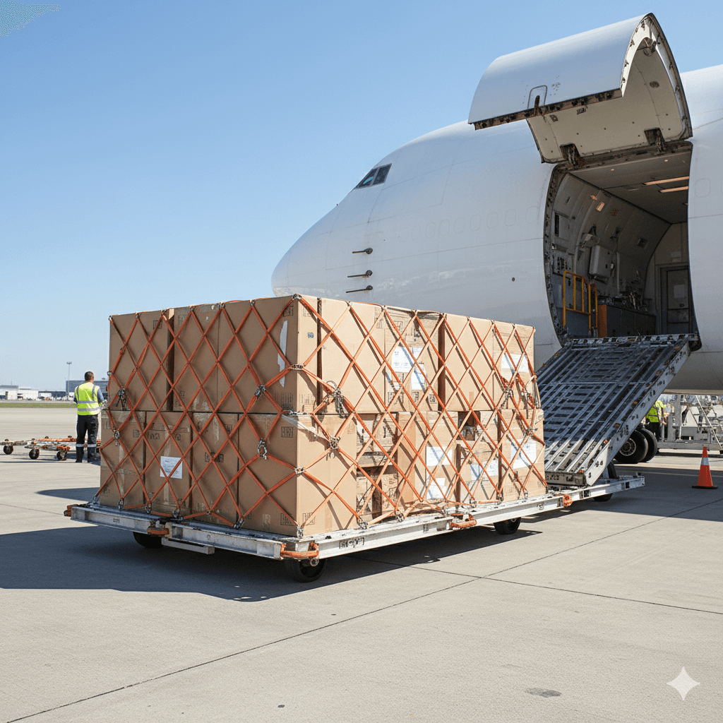 Fully loaded air cargo pallet secured with a net ready to be moved into an aircraft.