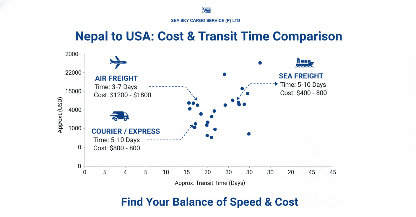 Cost and time comparison for air freight, sea freight, and courier from Nepal to USA.