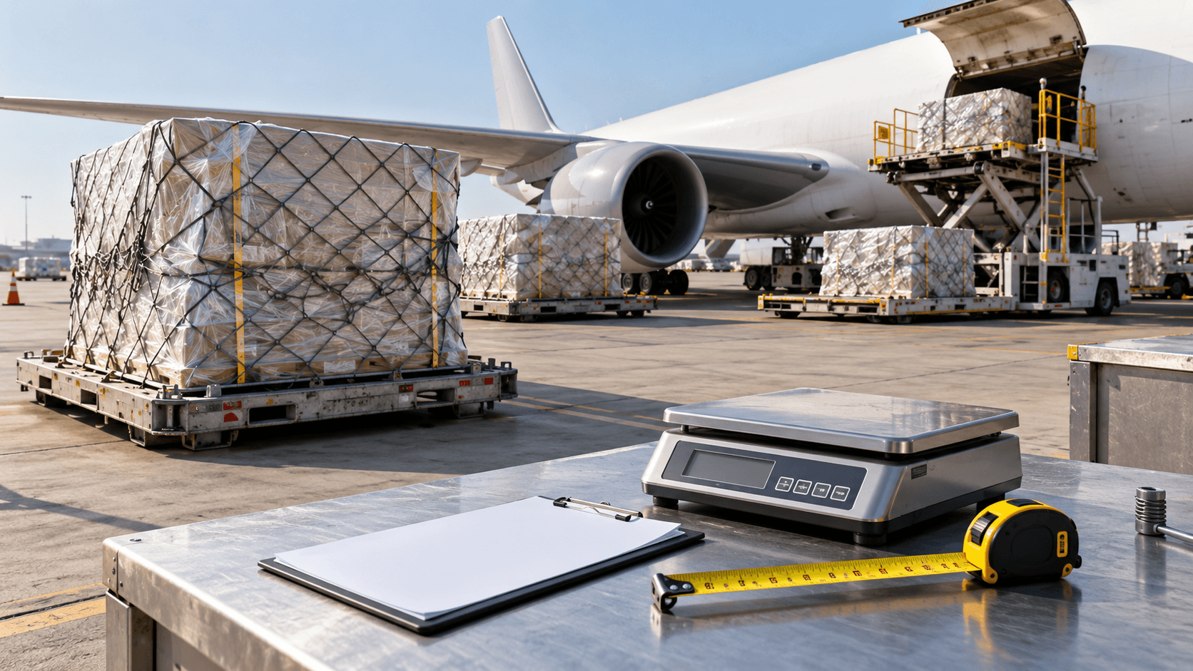 Air cargo pallets and cargo aircraft with a measurement clipboard in the foreground
