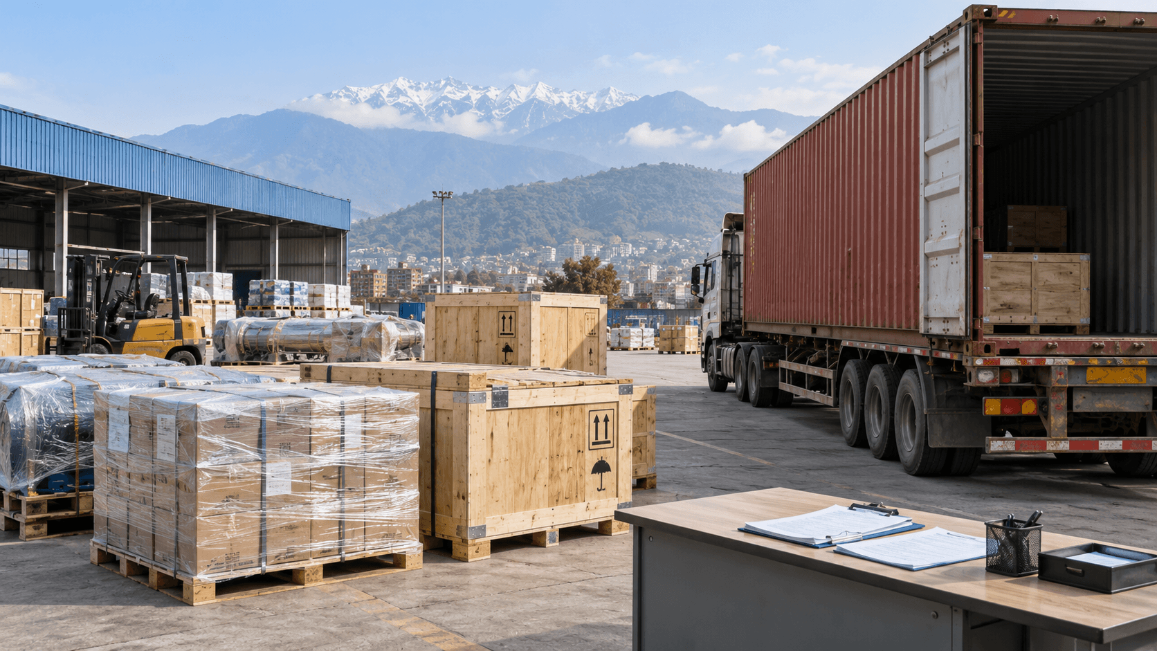 Released cargo pallets staged beside a container truck at a Nepal inland cargo terminal