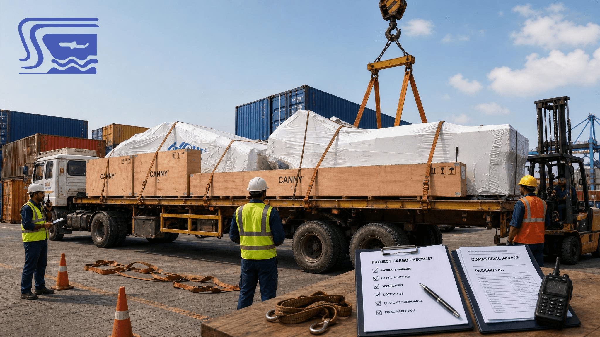 Industrial equipment being loaded for a specialized business shipment.