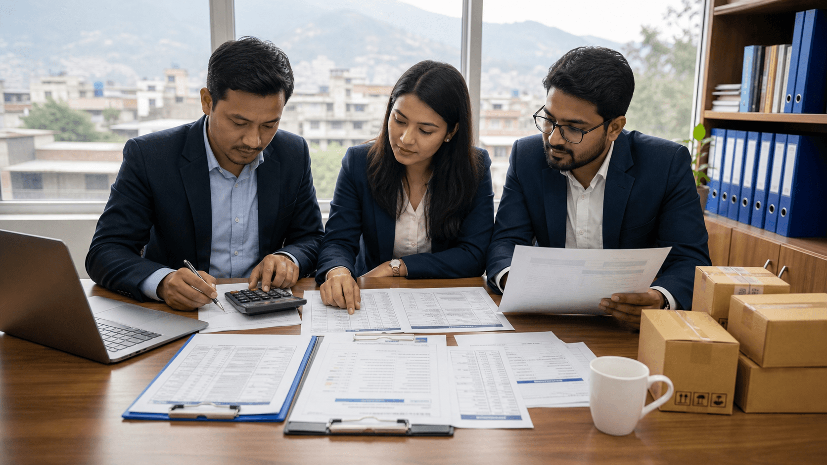 Finance and logistics team calculating the landed cost of a Nepal import