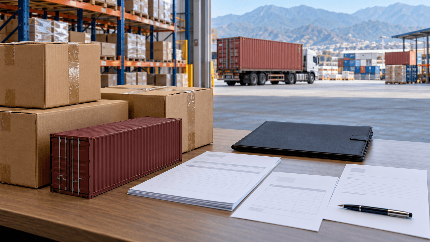 Invoice, packing-list and cargo-identification paperwork arranged beside sealed export packages