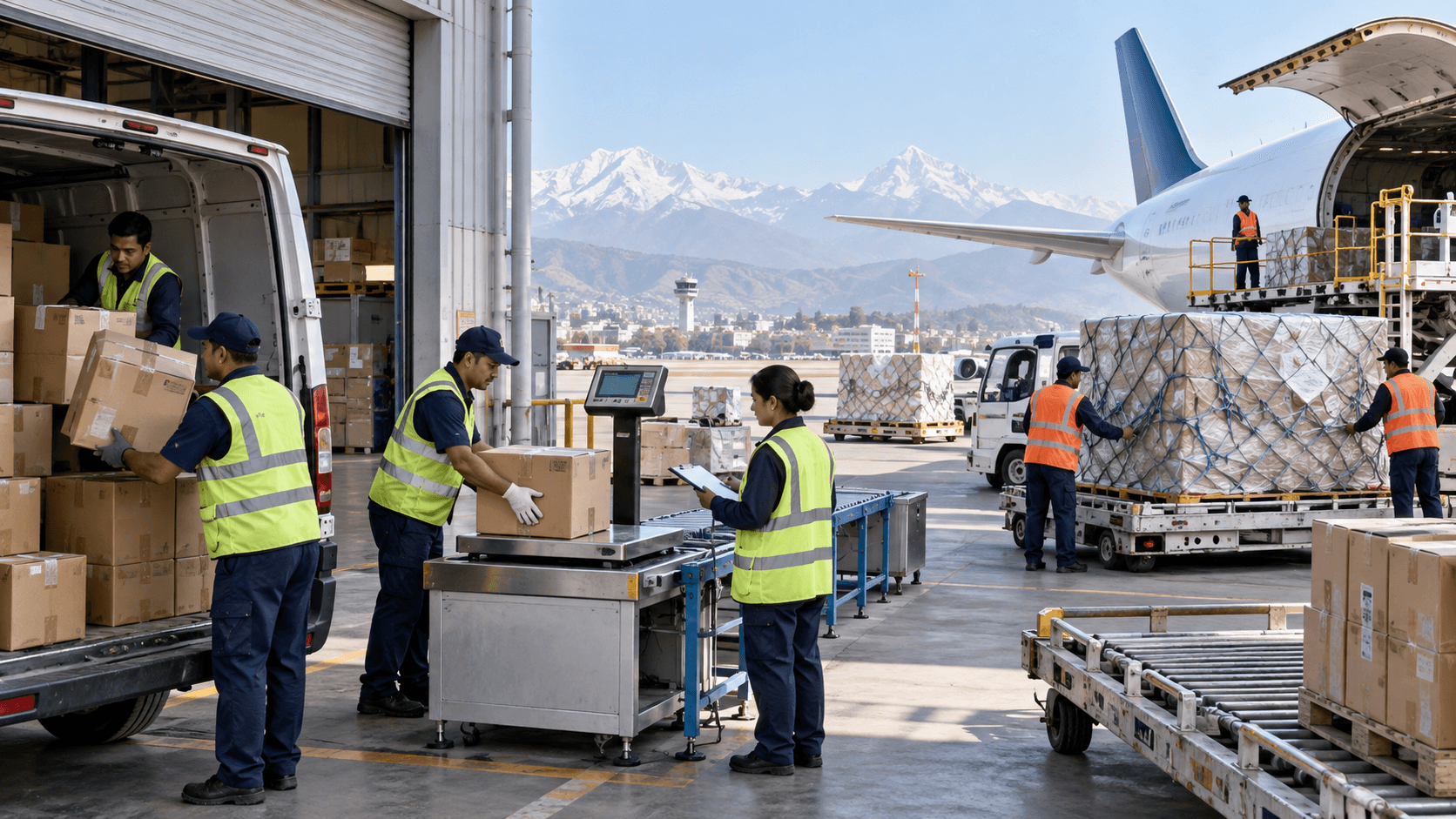 Commercial cargo moving through pickup weighing palletization and aircraft loading in Nepal