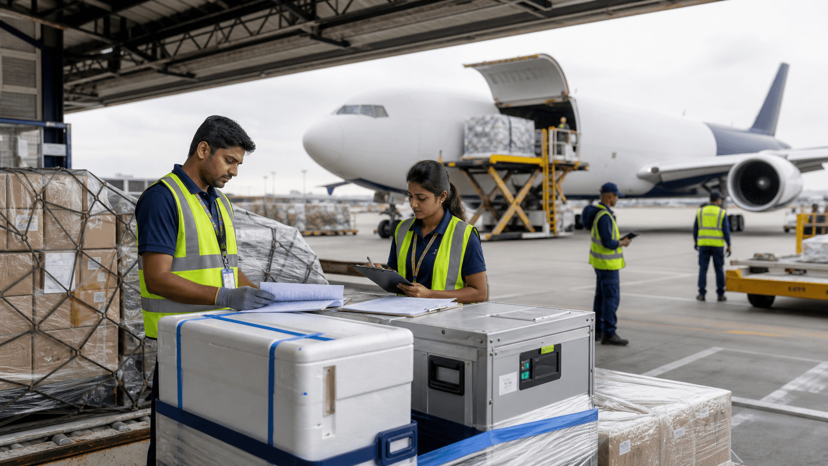 Medical cargo pallets undergoing documented acceptance at an international air freight terminal